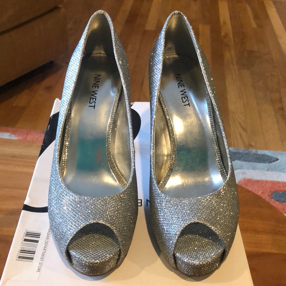 Sparkly Silver Nine West Peep Toe Heels